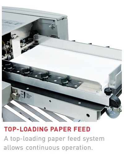 A top-loading paper feed system allows continuous operation